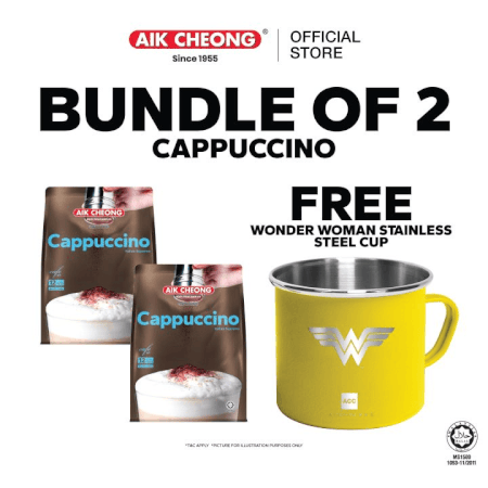 Aik Cheong White Cappuccino Twin Pack Box FREE WONDER WOMAN Stainless Steel Mug Cup
